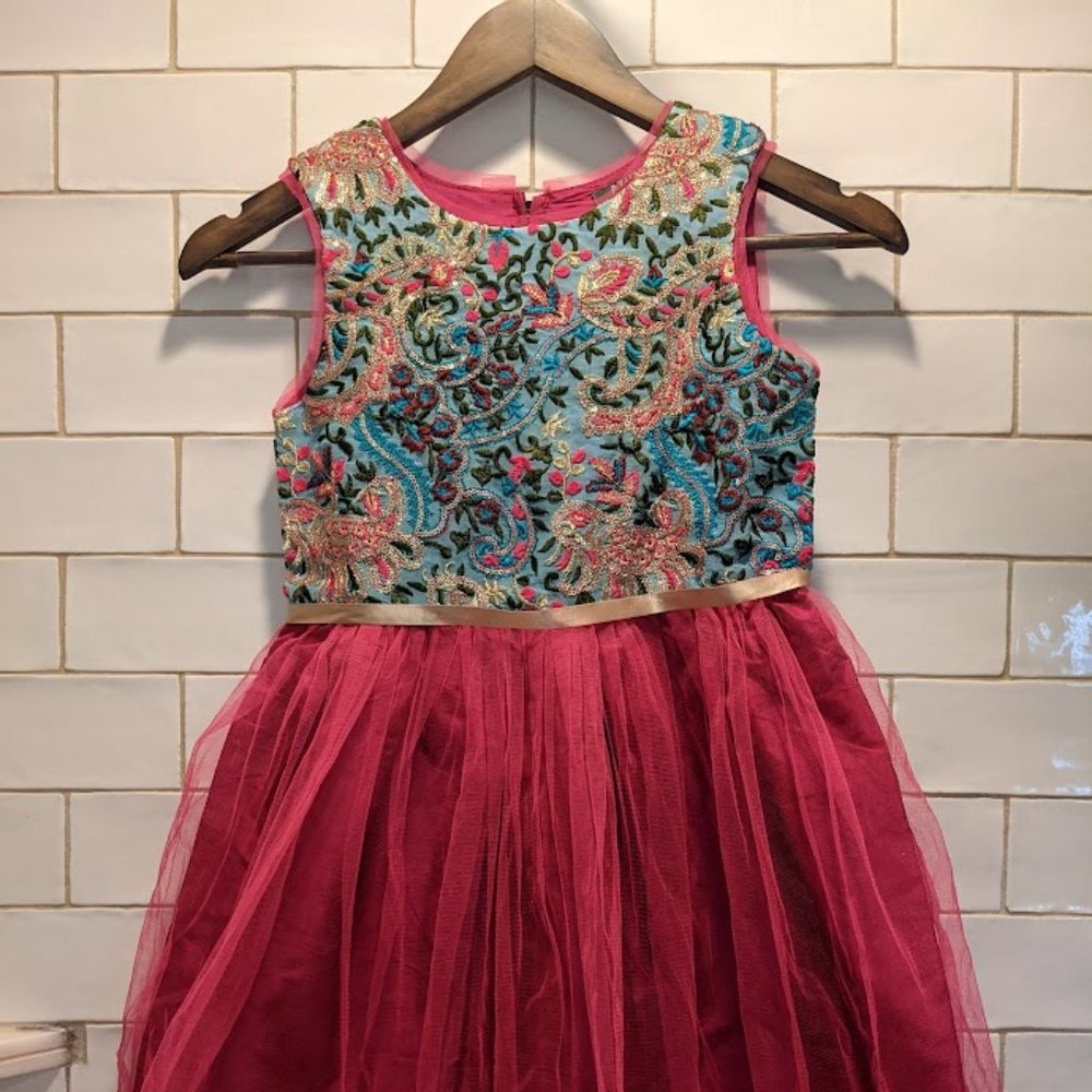 ATUN All Things Uber Nice fuchsia floral embroidered dress with mesh.